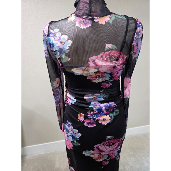 Floral Long-Sleeve Black Mesh Midi Dress With Ruched Design & High Neckline - Picture 8 of 10